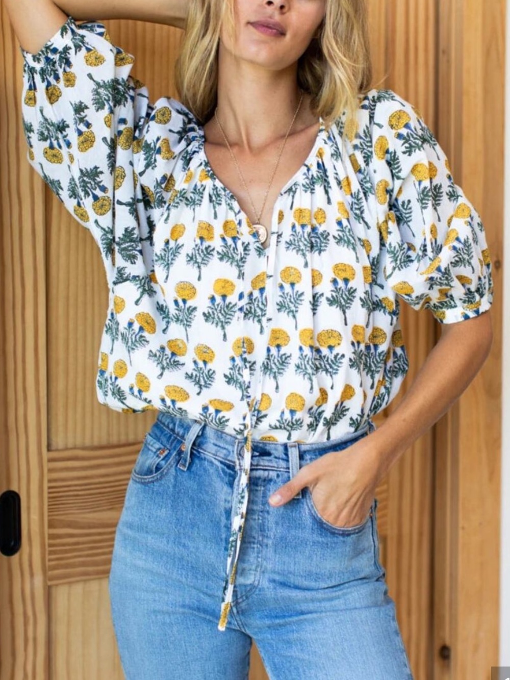 EMERSON FRY India Collection The Lucy Puff Sleeve Keyhole Blouse in White SZ: L - Picture 1 of 16